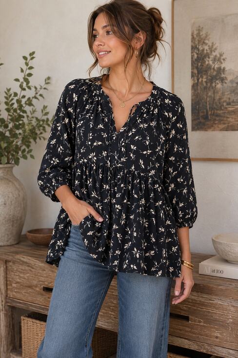 Maeve Tops - Maeve by Anthropologie Black Ivory Floral Leaf Print Cotton Tunic Blouse Large